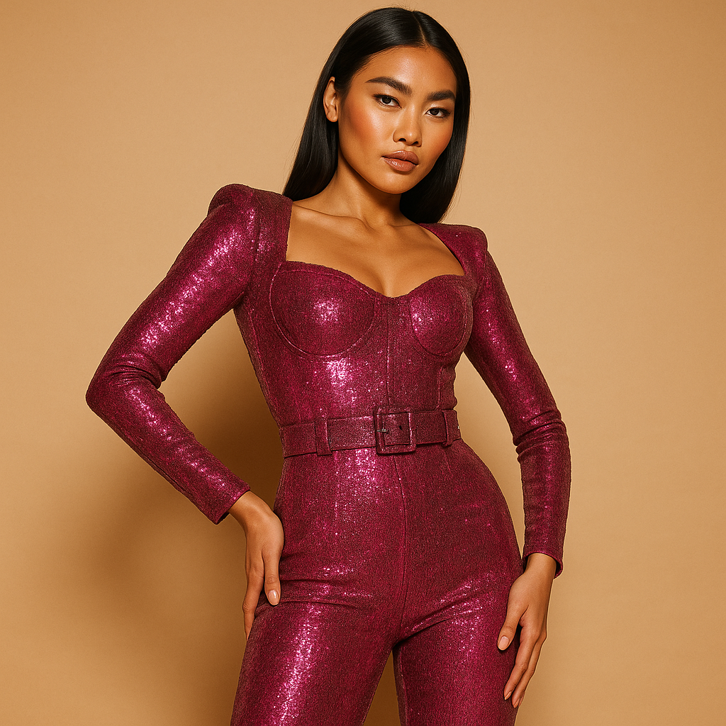 Shiny Jumpsuit for Women with Long Sleeves and Low Neckline | Tess