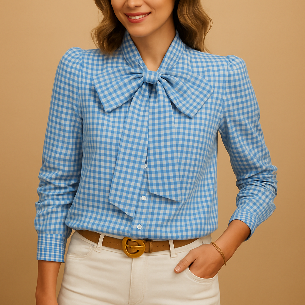 Womens Blouse with Bow Detail in Checkered Pattern | Clarisse