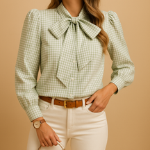 Womens Blouse with Bow Detail in Checkered Pattern | Clarisse