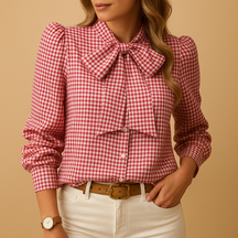 Womens Blouse with Bow Detail in Checkered Pattern | Clarisse