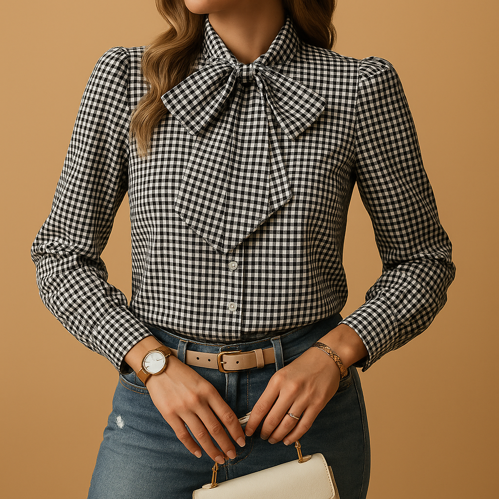 Womens Blouse with Bow Detail in Checkered Pattern | Clarisse