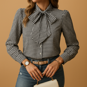 Womens Blouse with Bow Detail in Checkered Pattern | Clarisse