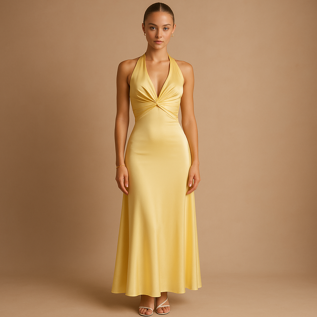 Elegant Evening Dress with Halter Neck and Twist Detail | Celeste